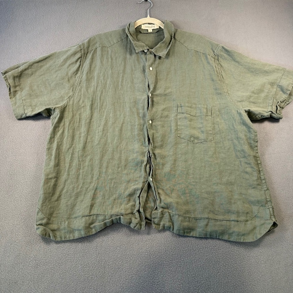 Mamene Olive Green 100% Linen Short Sleeve Button Down Shirt Size 3 Large